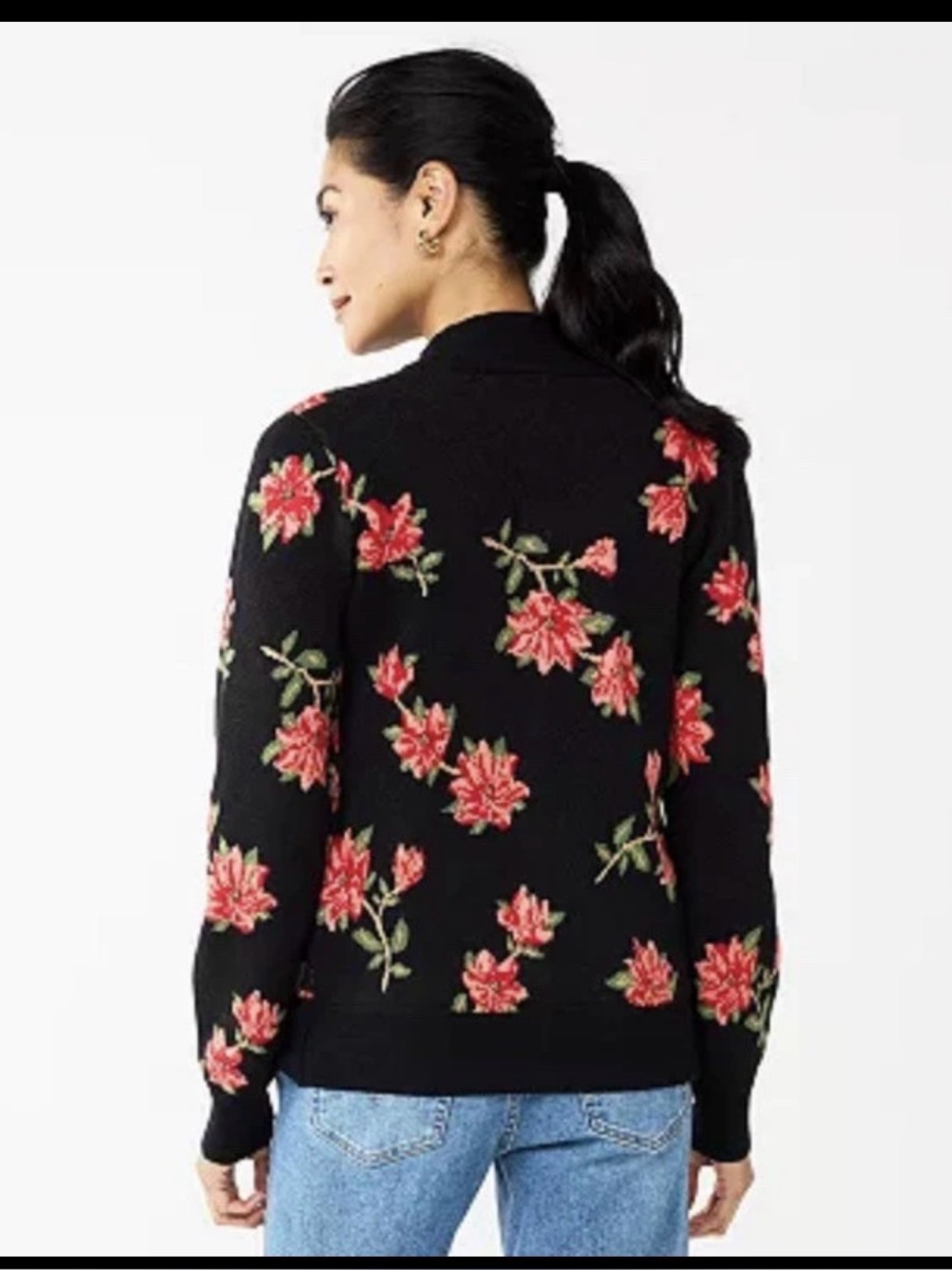 Draper James Black Cardigan with Red Floral Embroidery